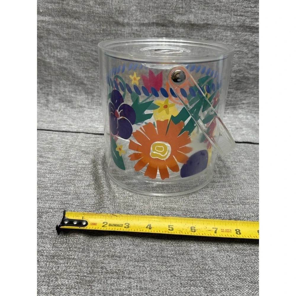 Vintage 1994 Clear Ice Bucket Party Floral Bright Colored Home Decor